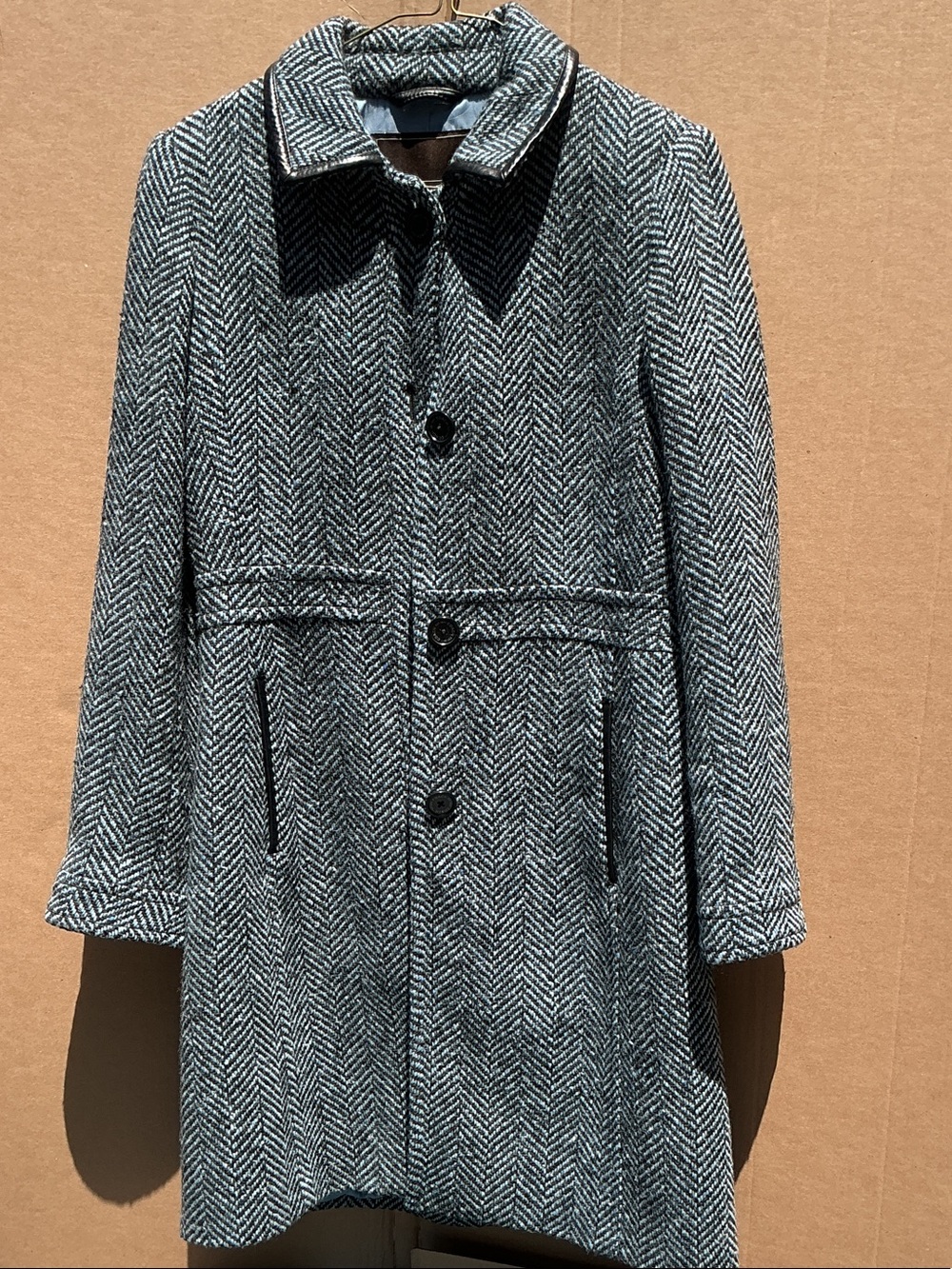 Coach Herringbone Black / Light Blue with Leather Trim Wool Coat